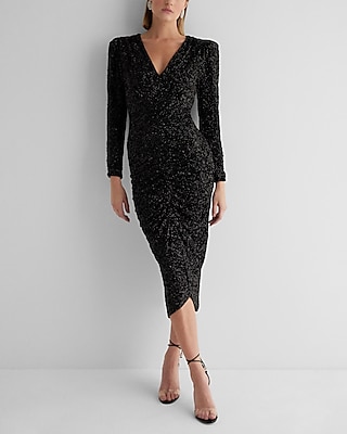 Cocktail & Party Sequin V-Neck Puff Sleeve Ruched Midi  Dress