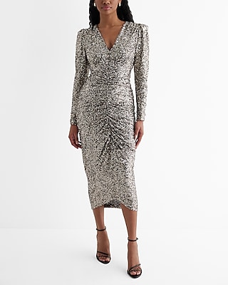 Cocktail & Party Sequin V-Neck Puff Sleeve Ruched Midi  Dress Gray Women's L