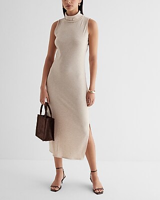 Casual Ribbed Mock Neck Sleeveless Midi Dress Neutral Women's XL