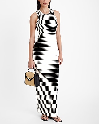 Sleeveless Striped Print Crew Neck Ribbed Maxi Dress