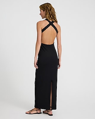 Open-Back Ribbed Knit Crew Neck Sleeveless Maxi Dress