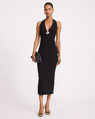 Halter V-Neck Gold Hardware Ruched Midi Sheath Dress