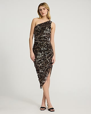 Cocktail One Shoulder Ruched Mesh Asymmetric Animal Leopard Print Party Dress/Midi Dress