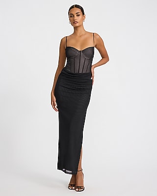 Mesh Corset Draped Front Maxi Dress