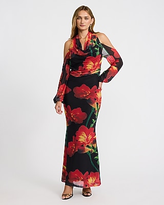 Floral Mesh Halter Cowl Neck Shoulder Cutout Maxi Dress