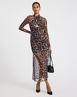 Leopard Mesh Crossover Cutout Sheer Hem Maxi Dress