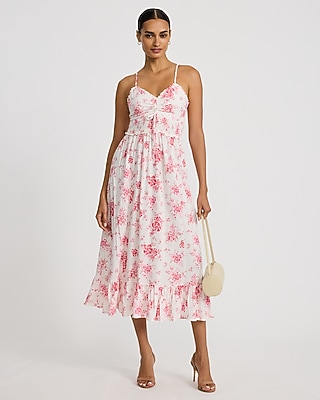 Floral V-Neck Tie Front Smocked Ruffle Midi Dress