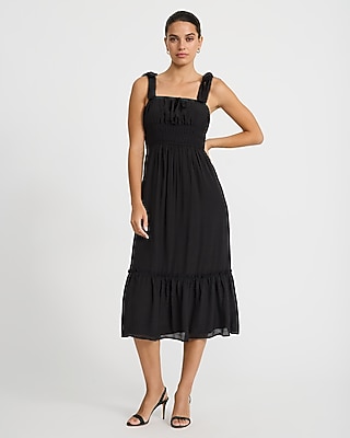 Express Women's Eyelet Smocked Square Neck Tie Strap Tiered Midi Dress in Black Large