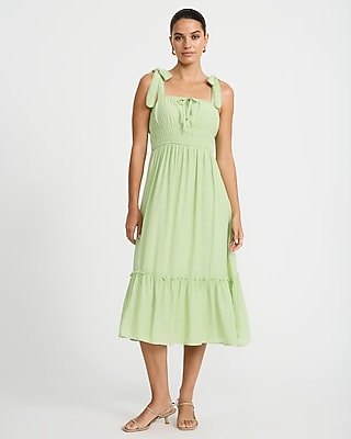 Eyelet Smocked Square Neck Tie Strap Tiered Midi Dress