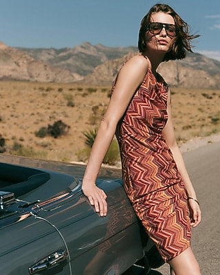 Chevron Crochet Boat Neck Ruched Midi Sheath Dress