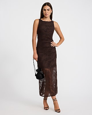 Lace Boat Neck Ruched Sheer Hem Maxi Sheath Dress