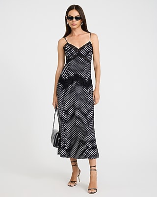 Lace Trim Polka Dot V-Neck Maxi Sheath Dress