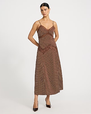 Lace Trim Polka Dot V-Neck Maxi Sheath Dress