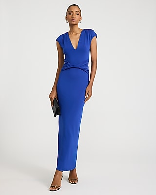 V-Neck Cap Sleeve Twist Front Knit Maxi Dress