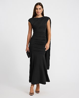 Boat Neck Cap Sleeve Draped Scarf Ruched Maxi Dress