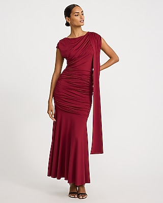 Boat Neck Cap Sleeve Draped Scarf Ruched Maxi Dress