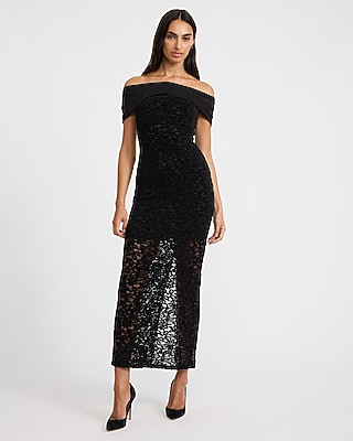 Lace Off The Shoulder Sheer Hem V-Back Maxi Dress