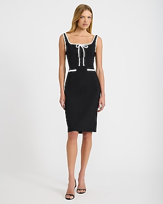Tipped Square Neck Bow Front Midi Sheath Dress
