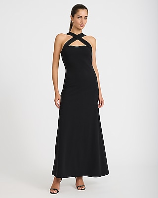 Mixed Media Crossover Halter Maxi Dress