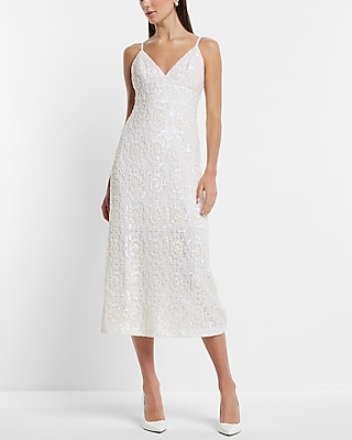 Cocktail & Party Bridal Ivory Sequin Embellished Rhinestone Midi Dress