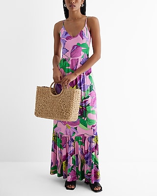 Vacation Floral V-Neck Back Cutout Tiered Maxi Dress Multi-Color Women's XS