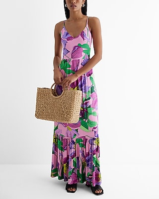 Vacation Floral V-Neck Back Cutout Tiered Maxi Dress Multi-Color Women's S