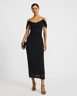 Mesh Cowl Neck Off The Shoulder Draped Maxi Dress