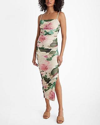 Square Neck Cocktail Sleeveless Floral Print Mesh Slit Ruched Party Dress/Midi Dress