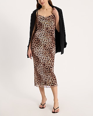 Cowl Neck Sleeveless Animal Leopard Print Cocktail Mesh Party Dress/Midi Dress