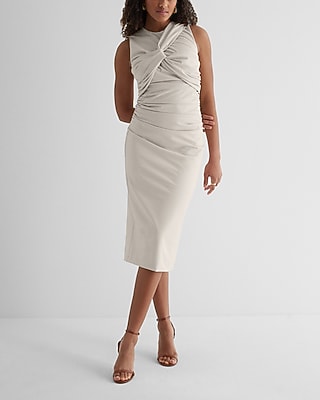 Work Bodycon Faux Leather Twist Front Midi Dress With Built-In Shapewear