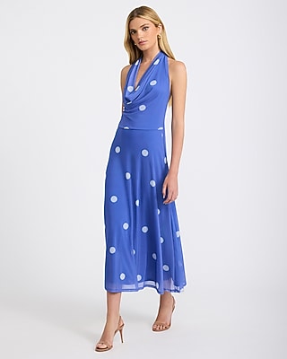 Mesh Polka Dot Halter Cowl Neck Maxi Dress
