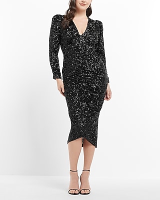 Cocktail & Party Sequin V-Neck Puff Shoulder Ruched Midi  Dress