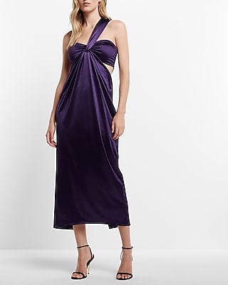 Cocktail & Party Satin One Shoulder Twisted Side Cutout Midi Dress