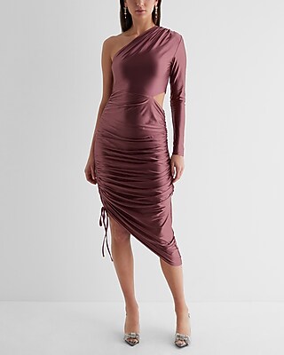Date Night,Cocktail & Party Satin One Shoulder Ruched Cutout Midi  Dress Purple Women's M