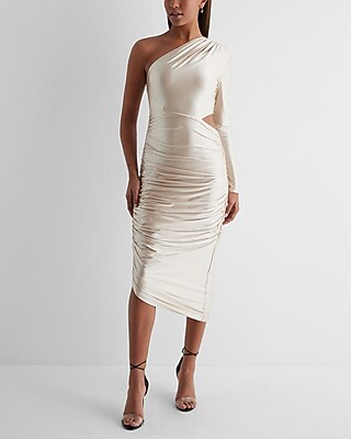 Date Night,Cocktail & Party Satin One Shoulder Ruched Cutout Midi  Dress Neutral Women's L