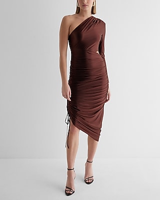 Date Night,Cocktail & Party Satin One Shoulder Ruched Cutout Midi  Dress