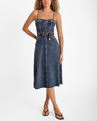 Corset Waistline Fit-and-Flare Denim Sleeveless Spaghetti Strap Back Zipper Belted Fitted Pocketed Wedding Dress/Midi Dress