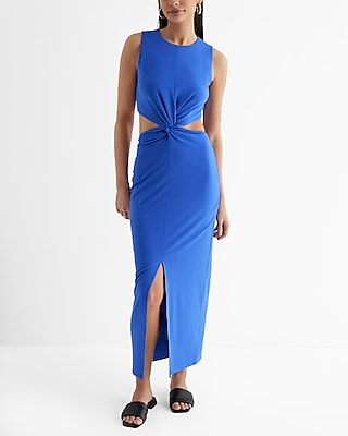 Vacation,Cocktail & Party Crew Neck Sleeveless Twist Front Cutout Maxi Dress Blue Women's S