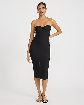 Textured Strapless Sweetheart Twist Front Midi Tube Dress