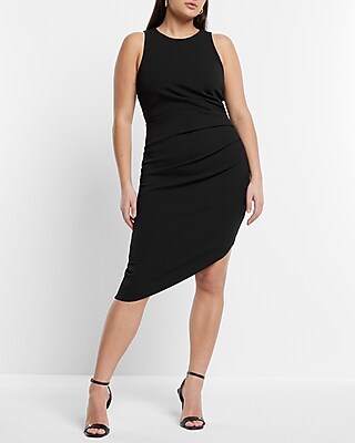 Work Crew Neck Pleated Side Midi  Dress