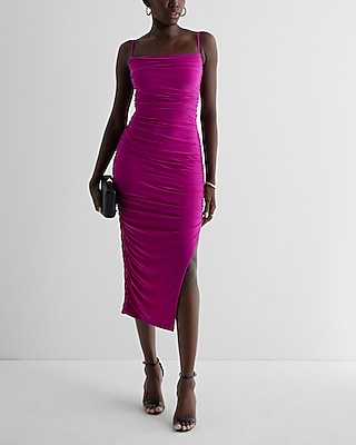 Cocktail & Party,Date Night Bodycon Mesh Ruched Side Slit Midi Dress With Bra Cups