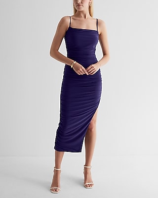 Cocktail & Party,Date Night Bodycon Mesh Ruched Side Slit Midi Dress With Bra Cups Blue Women's M