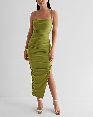 Cocktail & Party,Date Night Bodycon Mesh Ruched Side Slit Midi Dress With Bra Cups Green Women's XS