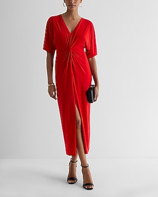 Casual V-Neck Twist Front Maxi Dress Red Women's XS