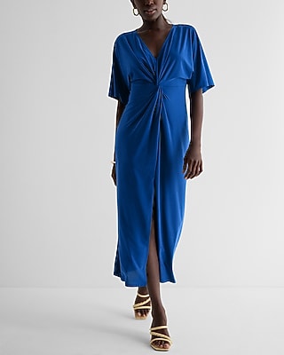 Casual V-Neck Twist Front Maxi Dress Blue Women's XS