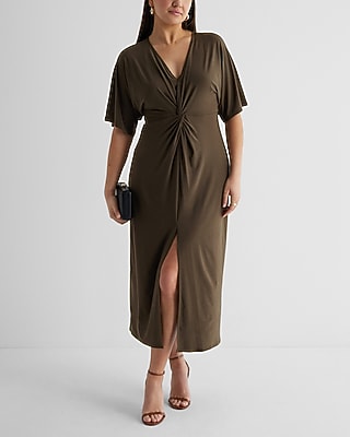 Casual V-Neck Twist Front Maxi Dress Green Women's XS