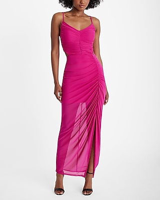 V-neck Cocktail Sleeveless Spaghetti Strap Slit Cutout Mesh Ruched Hidden Back Zipper Party Dress/Wedding Dress/Maxi Dress