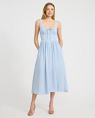 Gingham Smocked Back Dipped Waist Midi Dress with Pockets