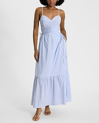 V-neck Sleeveless Flowy Self Tie Ruched Sweetheart Striped Print Maxi Dress/Midi Dress