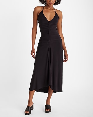 V-neck Sleeveless Cocktail Halter Ruched Draped Self Tie Party Dress/Wedding Dress/Midi Dress